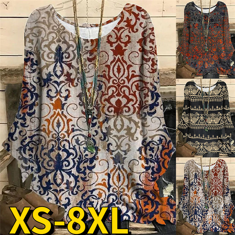 

Women's T-Shirt Winter Ladies Loose Size Tops Round Neck Retro Pullover Autumn Women Casual T-shirt Design Printing Long Sleeve 230316, Black