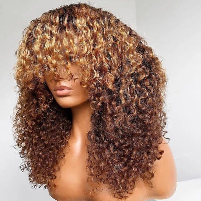 

Lace Wigs Brown Ombre Afro Kinky Curly Human Hair With Bangs 360 Front Wig For Women Pre Plucked Natural Hairline 250 Density, 13x3 lace front wig