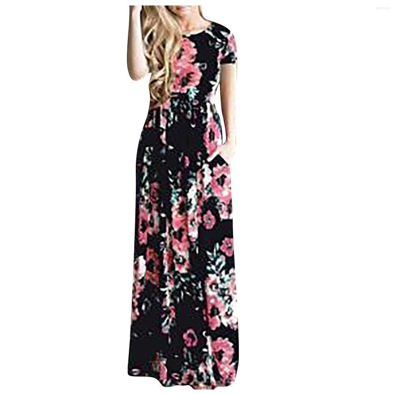 

Casual Dresses Summer Women's Dress 2023 Luxury Long Fashion Crewneck Floral Print Beach Vestidos De Mujer, Navy