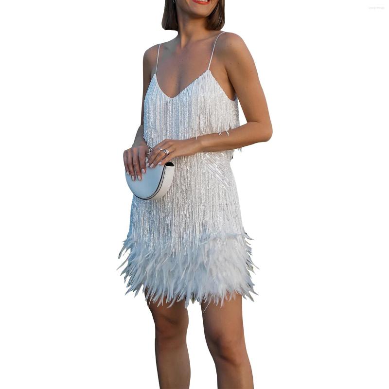 

Casual Dresses Women Sling Dress Sleeveless V Neck Tassels Feather Club Party Spring Short Summer, Beige