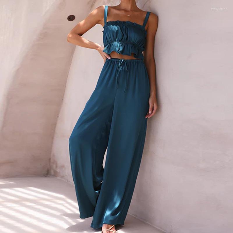 

Women' Two Piece Pants Women Sexy Spaghetti Strap Tops Wide Leg Sets Fashion Streetwear Loose Boho Holiday Outfits 2023 Summer Solid Beach, 01 navy blue