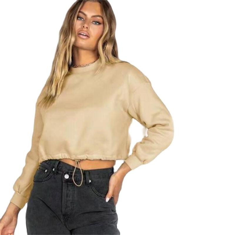 

Women' Hoodies & Sweatshirts Euramerican Autumn And Winter Pure Color Pull Rope To Show Navel City Leisure Short Round Collar Long Sleeve H, Pink