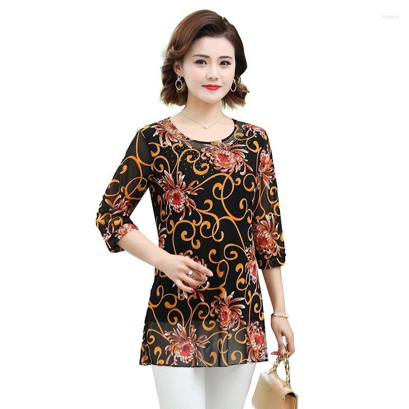 

Women's Blouses Long O Neck Blusas Loose 2023 Printed Summer Mother Middle-aged Women's Blouse Chiffon Half Sleeved Women Top