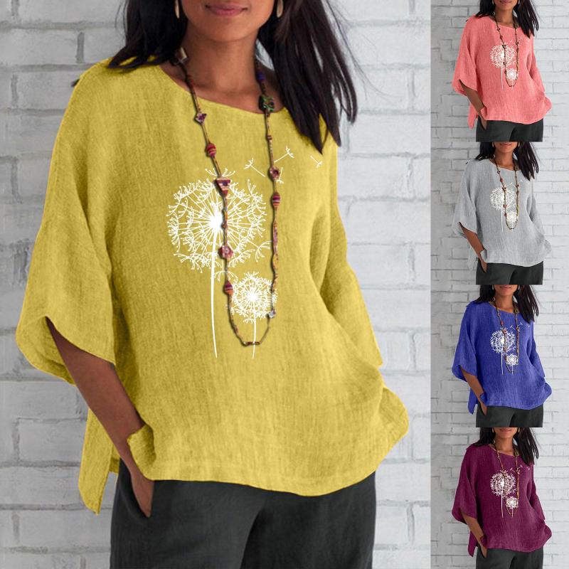 

Women' Blouses Woman 2023 Summer Cotton Linen Top Fashion Shirt Round Collar Mid Long Sleeve Jacquard Casual Loose Tunic, Grey