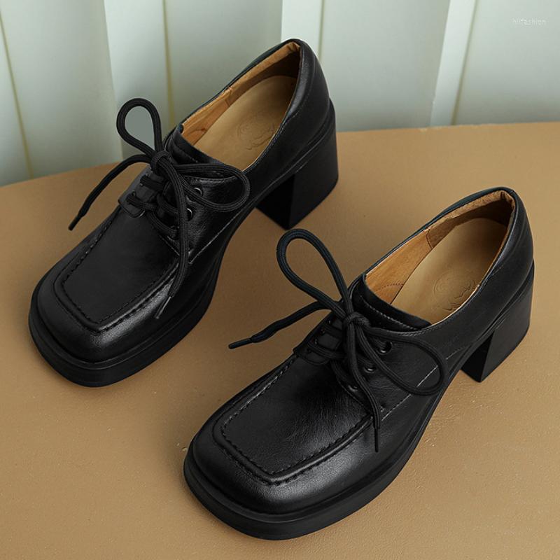 

Sandals Women Leather Heels High Pumps Spring Autumn Retro Lace-up Square Toe Platform Brogue Shoes, Black