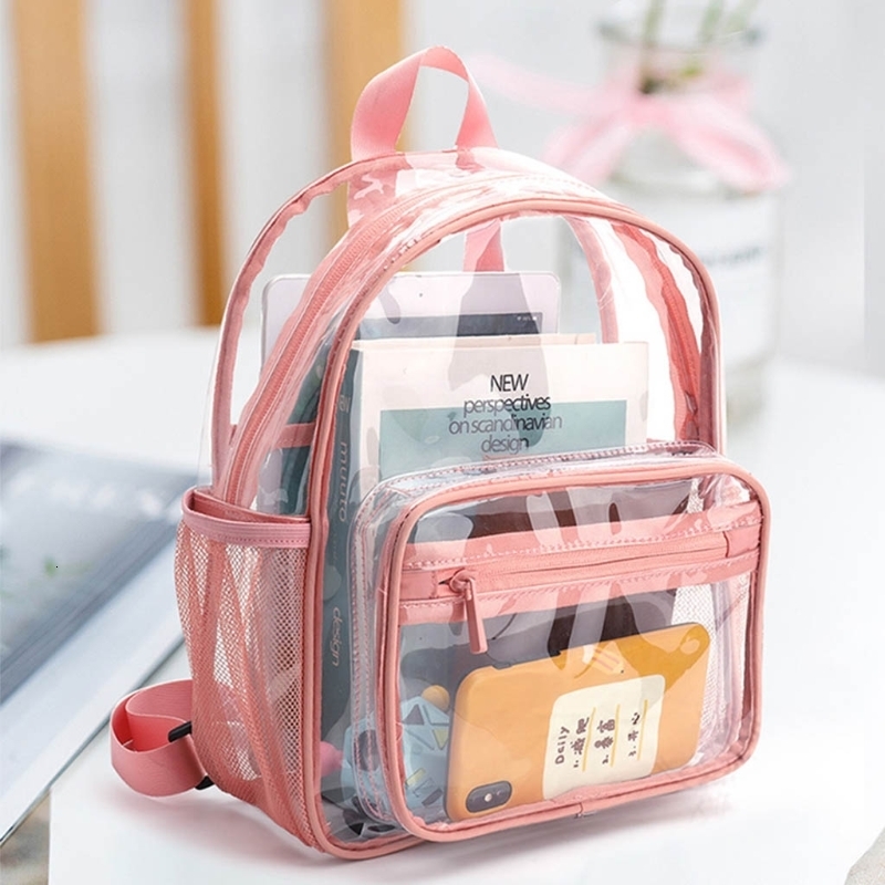 

School Bags Womens Backpack Transparent Waterproof PVC Bag Female Fashion College Students Transparent Bag Large Solid Clear Backpacks 230316, Pink