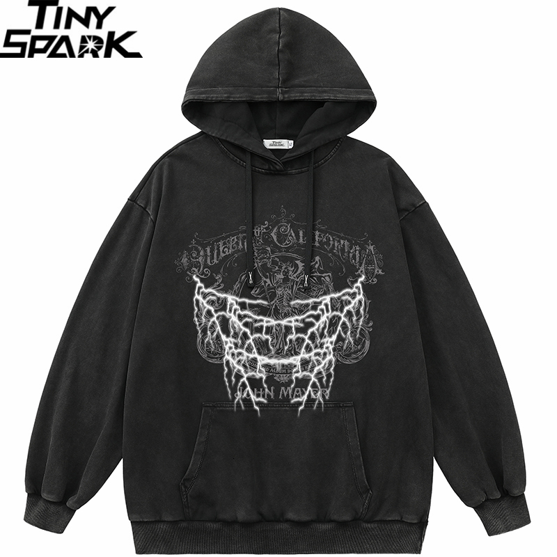 

Mens Hoodies Sweatshirts 2023 Hip Hop Streetwear Hoodie Sweatshirt Washed Retro Graphic Lightning Hoodie Cotton Men Oversized Hooded Pullover Harajuku 230316, Black