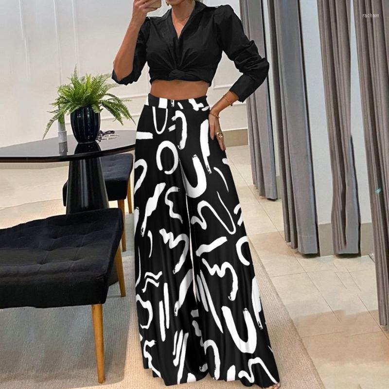 

Women' Tracksuits Women Casual Long Sleeve Shirt Sets Elegant Pattern Print Loose Two Piece Suits Sexy V-neck Knot Tops And Wide Leg Pants, 03 yellow