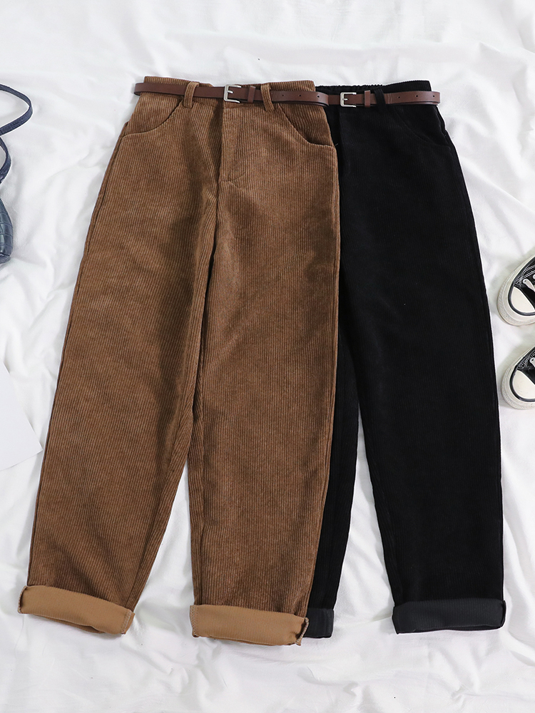 

Women's Pants Capris JMPRS Women Spring Corduroy Pants High Waist Autumn Vintage Korean Casual Wide Leg Pants Elegant Belt Loose Cotton Streetwear 230316, Black