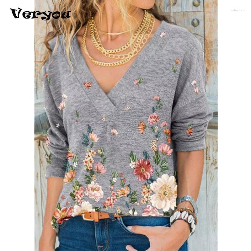

Women's T Shirts Spring Autumn Flower Printed Shirt Women Loose Tops V Neck Long Sleeved Fashion Casual Plus Size Pullovers Tshirt, Red
