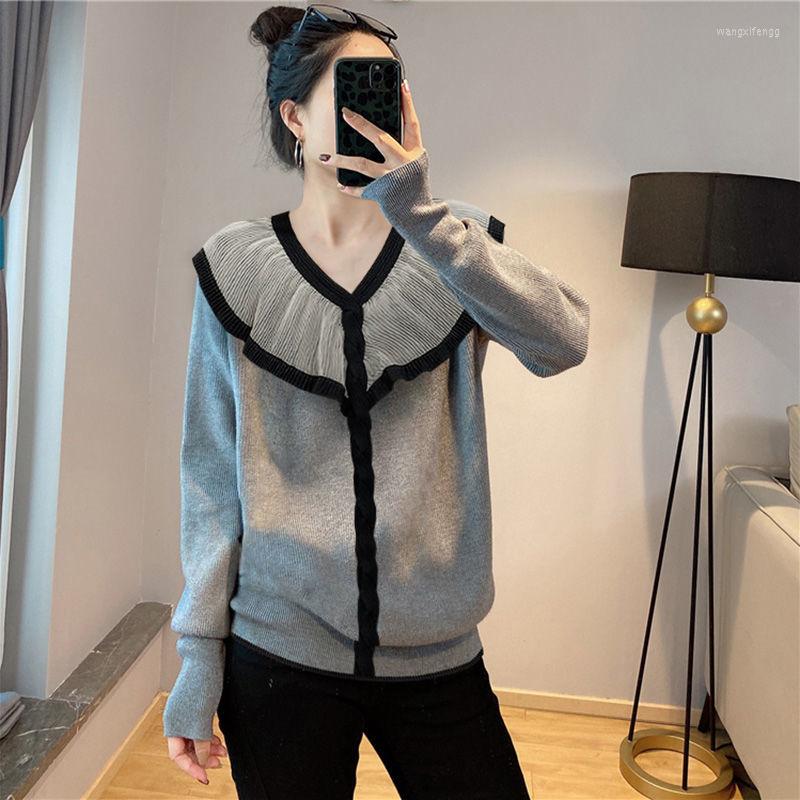 

Women's Sweaters Spring Sweater Pullover Female 2023 Fashion Small Doll Collar Gray Knit Bottom Design Feeling Loose