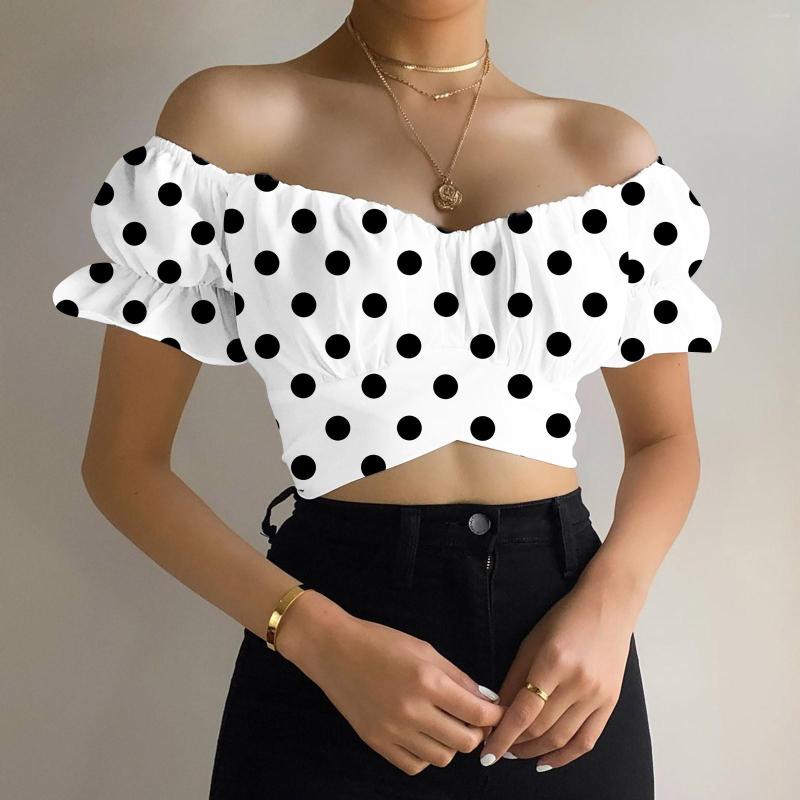 

Women's Blouses Off Shoulder Crop Tops Women Summer Sexy Polka Dots White Shirts Short Sleeve Blouse Slash Neck Lady Backless