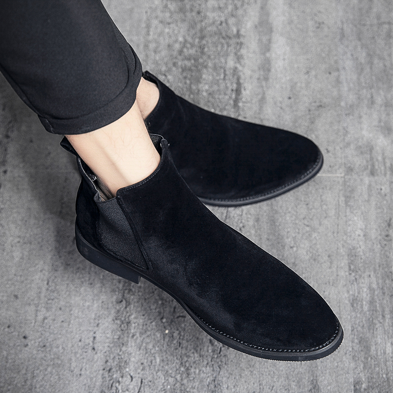 

New Chelsea Boots Flock Black Blue Business Wedding Handmade Men Short Boots Free Shipping Size -48 Botas Cuturno Masculinas
