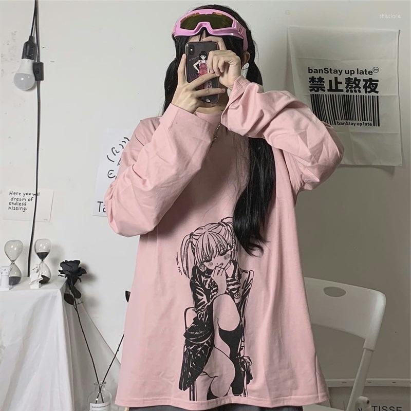 

Women's T Shirts Women Anime Print Long Sleeve O-Neck Tee Loose T-Shirt Girls Hip Hop Streetwear Tops Female Clothes, Pink