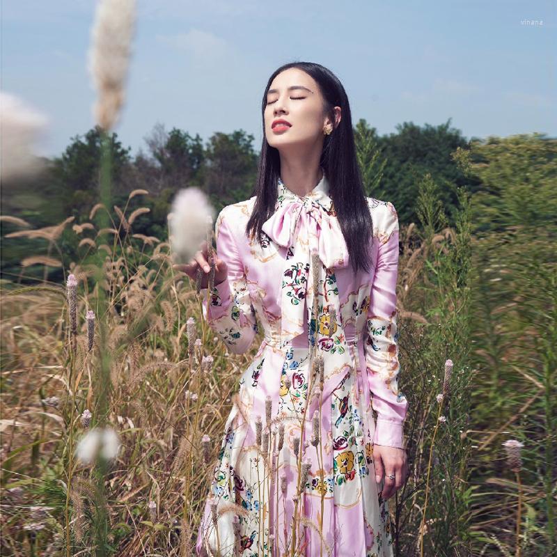 

Casual Dresses -XL High Quality 2023 Fashion Satin Print Lace Bowknot Long Sleeve Slim Temperament Woman Dress, Multi