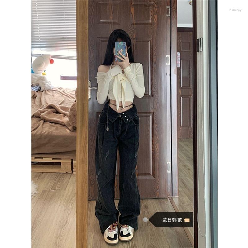 

Women's Jeans Vintage Washed Black High Waist Women's Clothing 2023 Girl Fashion Clothes Design Loose Straight Wide Leg Womens, 01