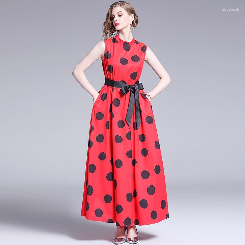 

Casual Dresses 2023 Summer Women Dress Black Dot Pattern Print Red Ball Gown Ribbon Belt Ankle Length Long Maxi Tank