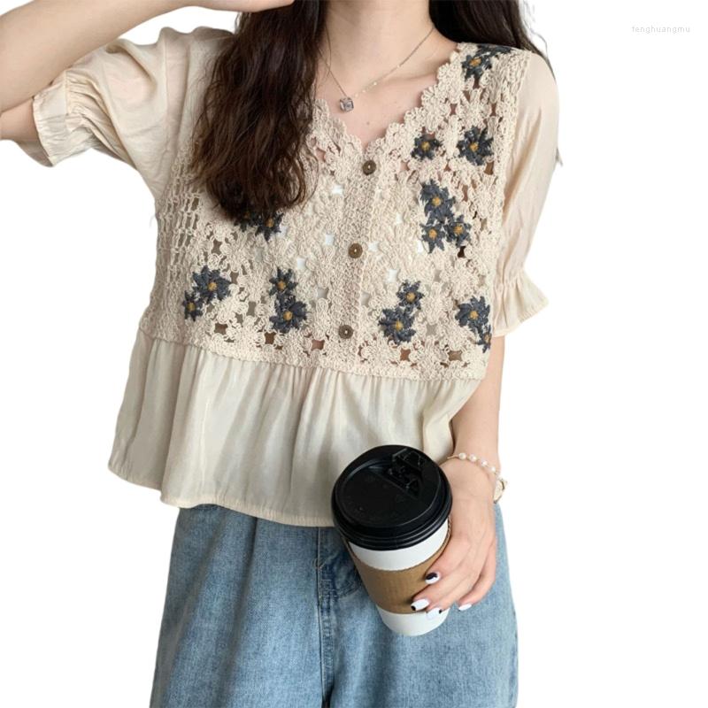 

Women's Blouses Women Chiffon Puff Half Sleeve Blouse V-Neck Button Up Hollow Crochet Knit Lace T Shirts Daisy Embroidery Cover Ruffle F3MD, Apricot