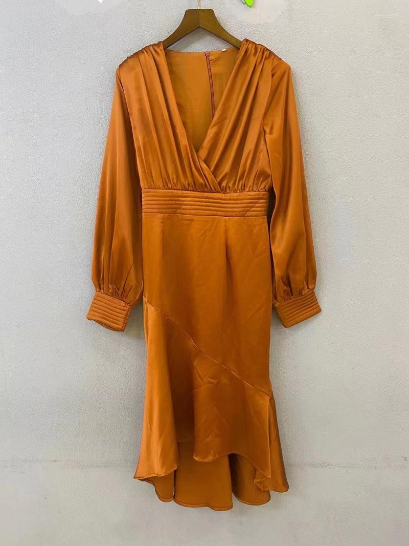 

Casual Dresses High Quality 2023 Autumn Dress Women Sexy V-Neck Front Short Back Long Elegant Party Dark Blue Orange Green Vestidos