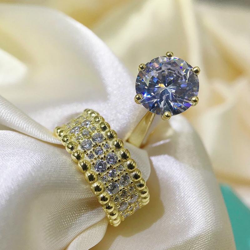 

Cluster Rings Luxury Sterling Silver 925 Six-Claw Round Crystal Zircon Row Diamond Ring Set Fine Jewelry