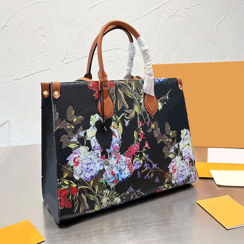 

Beach Tote Bag Floral Shoulder Bag Women Handbag Purse Coated Canvas Leather Trim Hydrangea Print Large Capacity Pocket Thread Two Handle Belt Strap Fashion Letters, Black