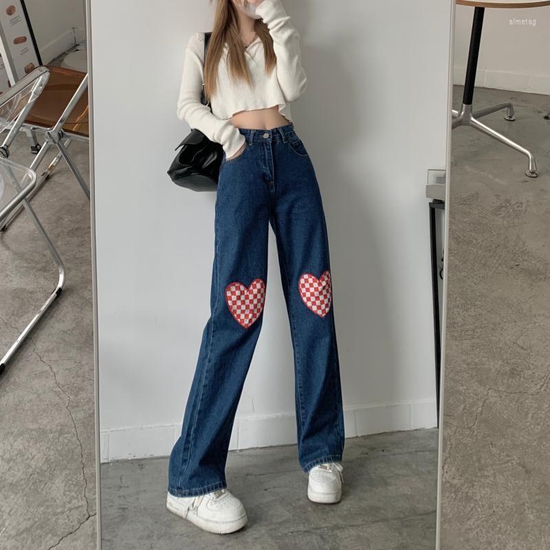 

Women' Jeans GUUZYUVIZ Embroidered Love Checkerboard Straight Woman High Waist Denim Wide Leg Pants Korean Casual, 100 blue