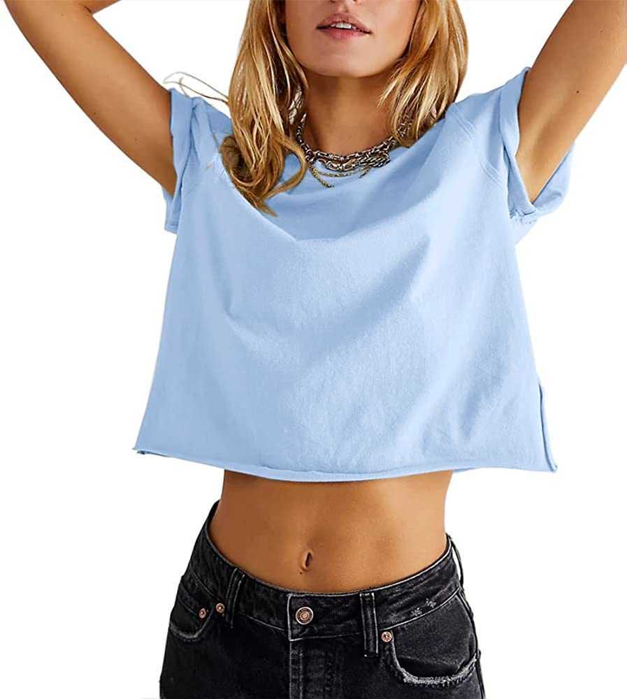

Women' white t-shirts summer casual loose fit plain soild basic short sleeve crop tops t-shirts8BMP, Yellow