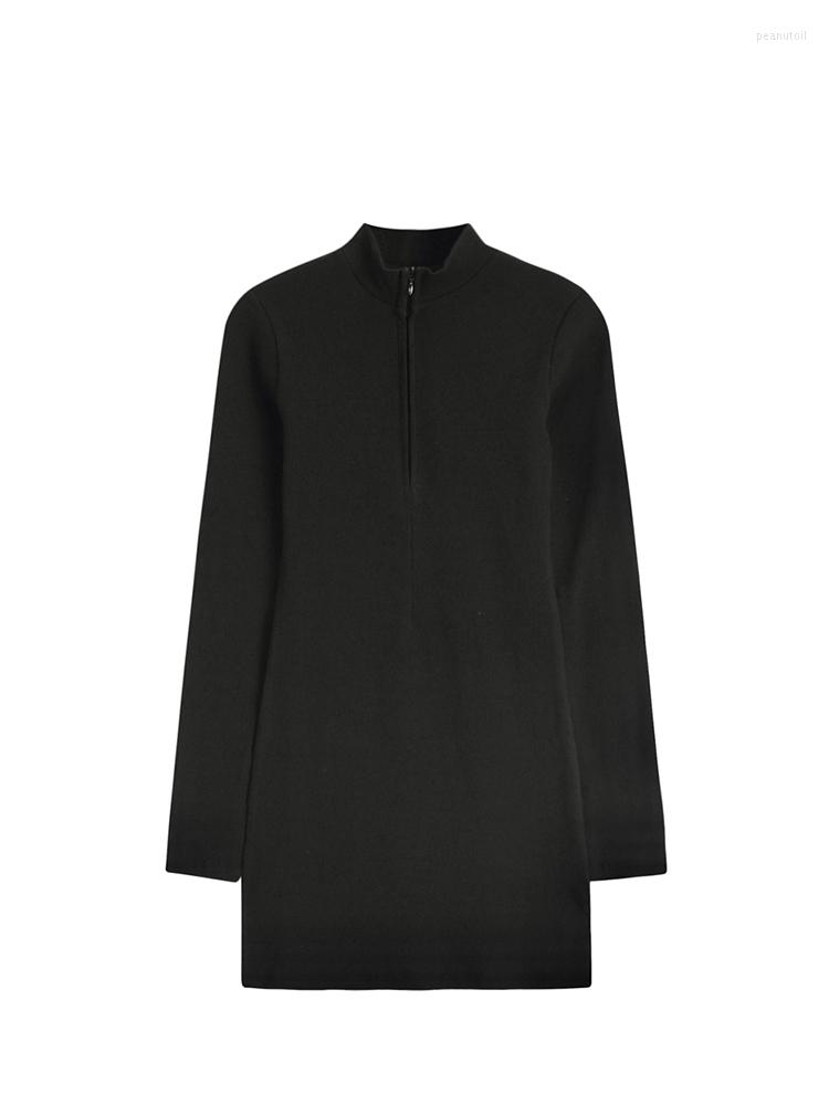 

Casual Dresses 2023 Spring Women Black Color Slim Knit Mini Dress Half High Collar Zipper Tight Sexy Long Sleeve Frocks Female Clubwear Chic