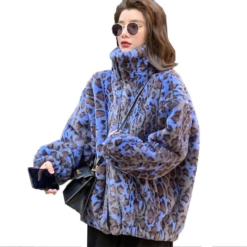 

Women's Fur & Faux Women Coats Winter Colorful Leopard Print Coat Long Sleeve Zip Up Warm Soft Fluffy Jacket Korean Fashion Parka, Blue