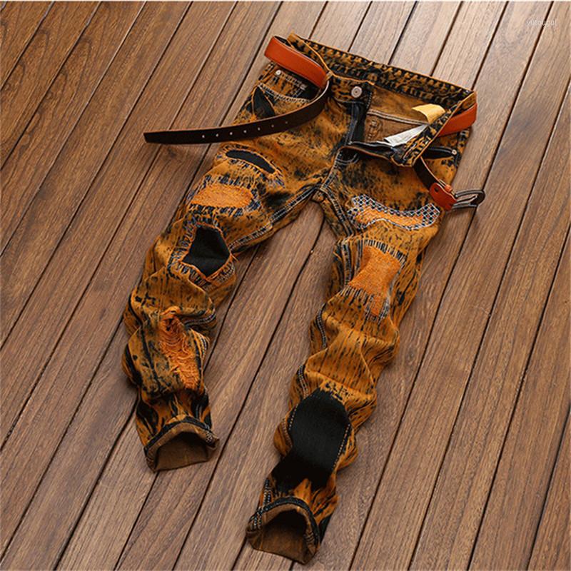

Men's Jeans Men's Mid-Waist Casual Fashion Personality Ripped Patch Beggar Pants Hip Hop Motorcycle Clothing, Orange