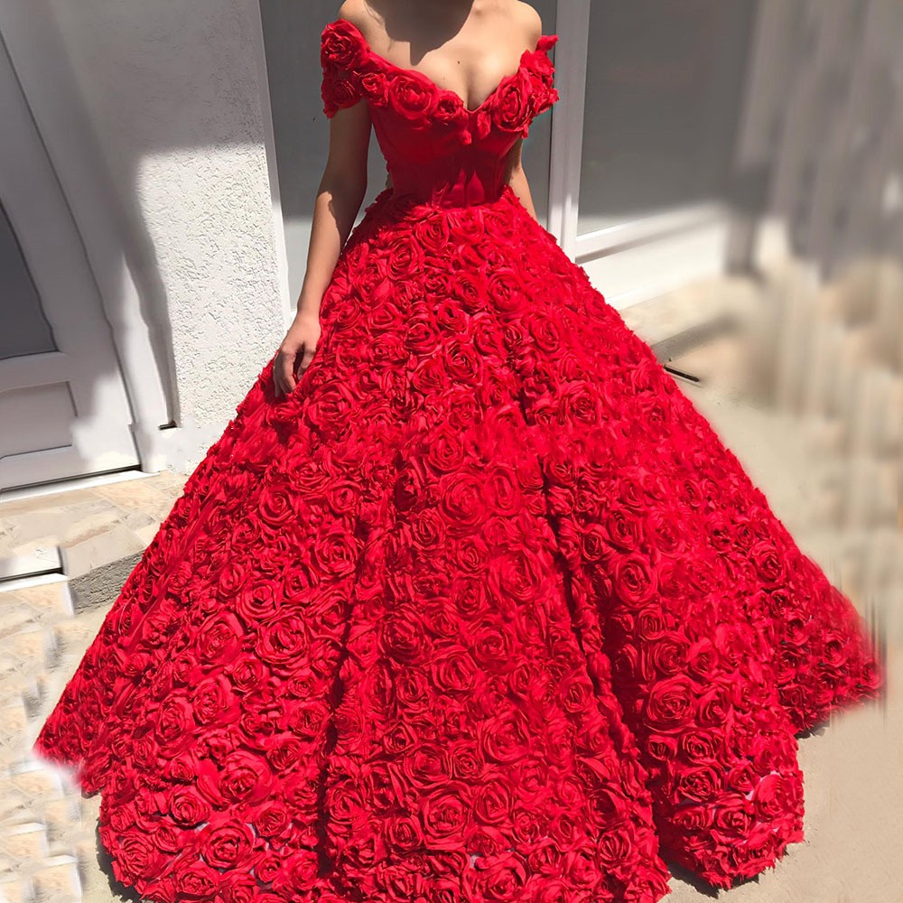 

Red Evening Formal Dresses Long Luxury V-Neck Off-The-Shoulder Puffy Ball Dress 3D Flower A-Line Elegant Prom Party Gowns Robe de Soiree 2023, Black