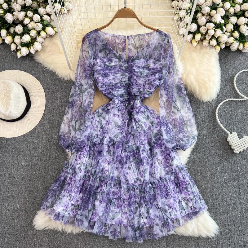 

Casual Dresses Clothland Women Stylish Floral Lilac Dress V Neck Zipper A Line Long Sleeve Purple Cute Female Chic Mini Vestido QB682, Picture shown