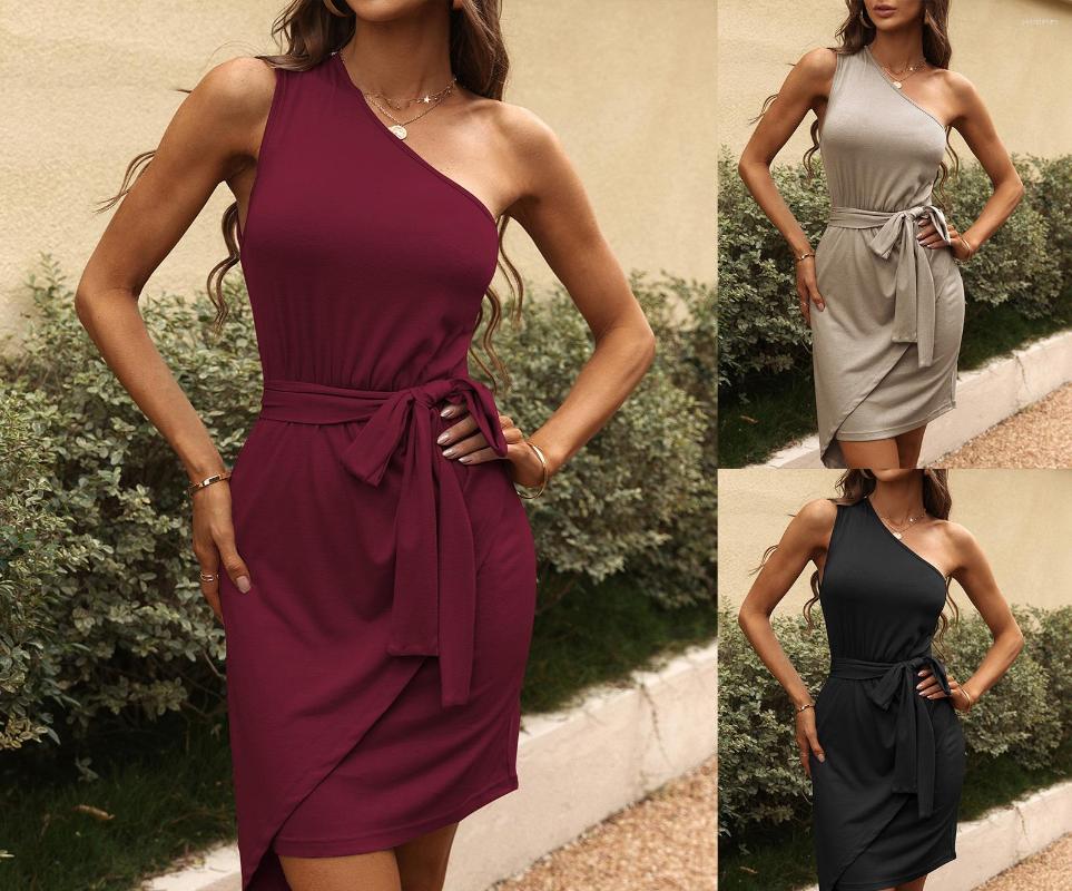 

Casual Dresses 2023 One Shoulder Sleeveless Bottoming Dress Women' Temperament Slim Fit Hip Female & Lady Party Sexy Cloth, Black