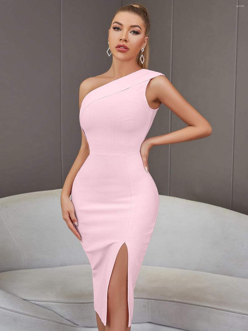 

Casual Dresses One Shoulder Elegant Party Bandage Dress Sexy Sleeveless Summer Fashion Women Club Celebrity Split Pink