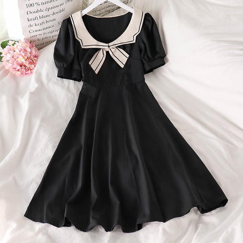 

Casual Dresses Students Women Summer Korean Elegance Vintage Bow Sailor Collar Puff Sleeve Preppy Clothing