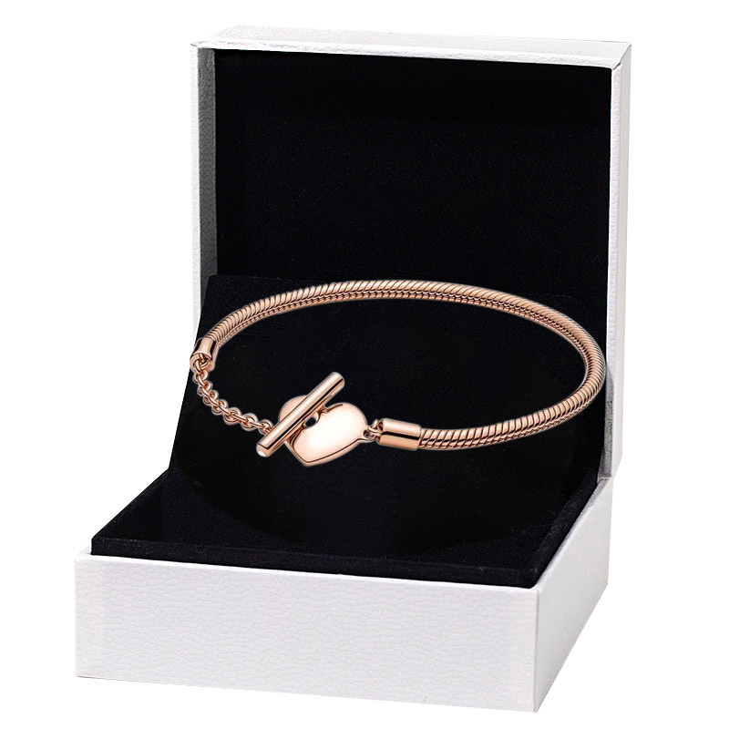 

Rose Gold Heart T-Bar Snake Chain Bracelet for Pandora 925 Sterling Silver Wedding designer Jewelry For Women Girlfriend Gift Hand chain Bracelets with Original Box