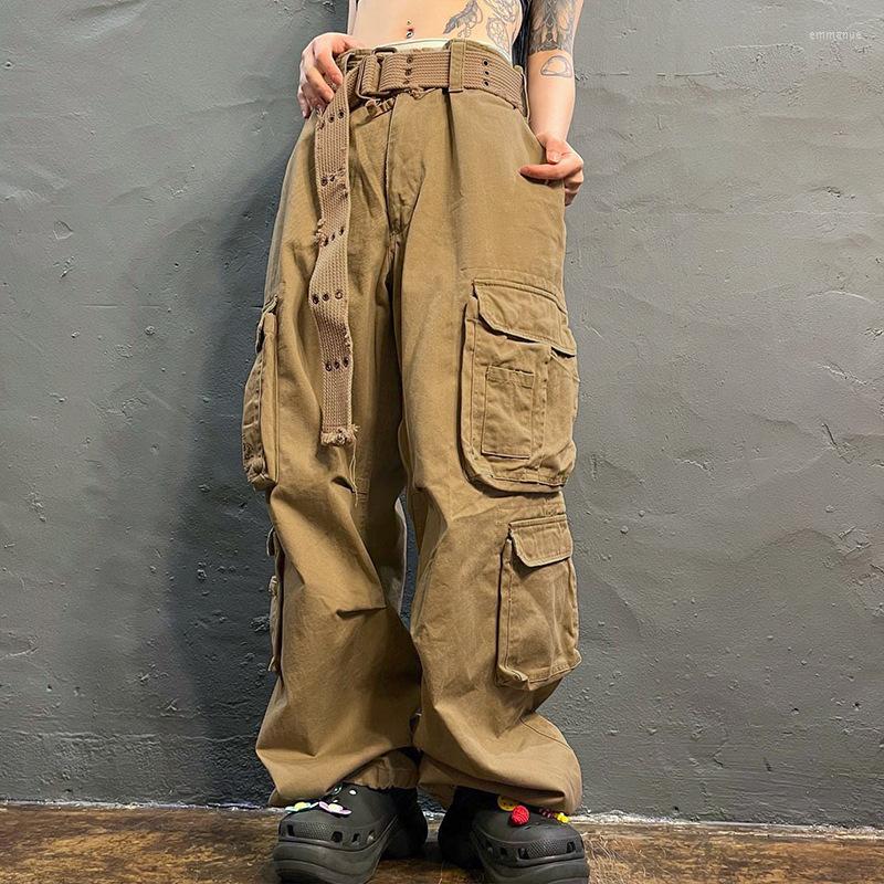 

Women's Jeans Women's Retro Solid Color Loose High Waist Big Pocket Tooling Straight Casual Pants Baggy Y2k, Khaki