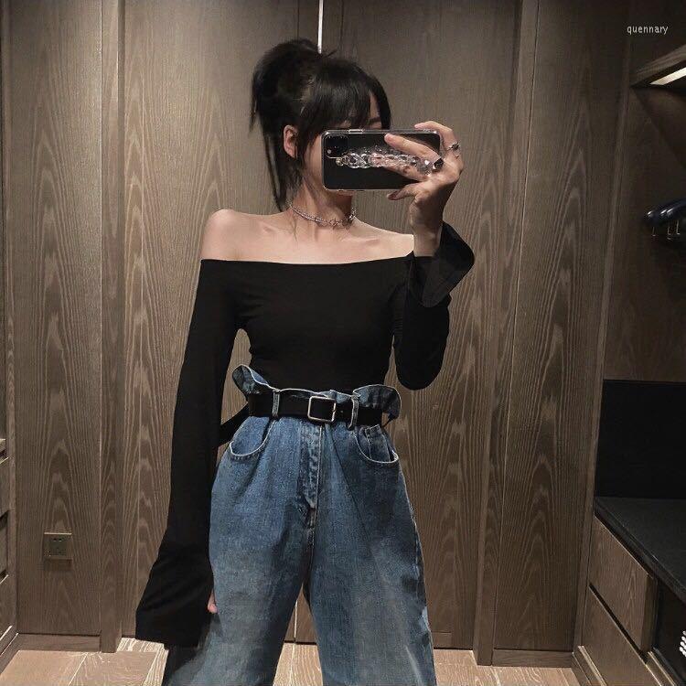 

Women's T Shirts 2023 Woman T-Shirts Women's Sexy Solid Color Tight T-shirt Spring Summer Long Flare Sleeve Slash Neck Bottoming Crop