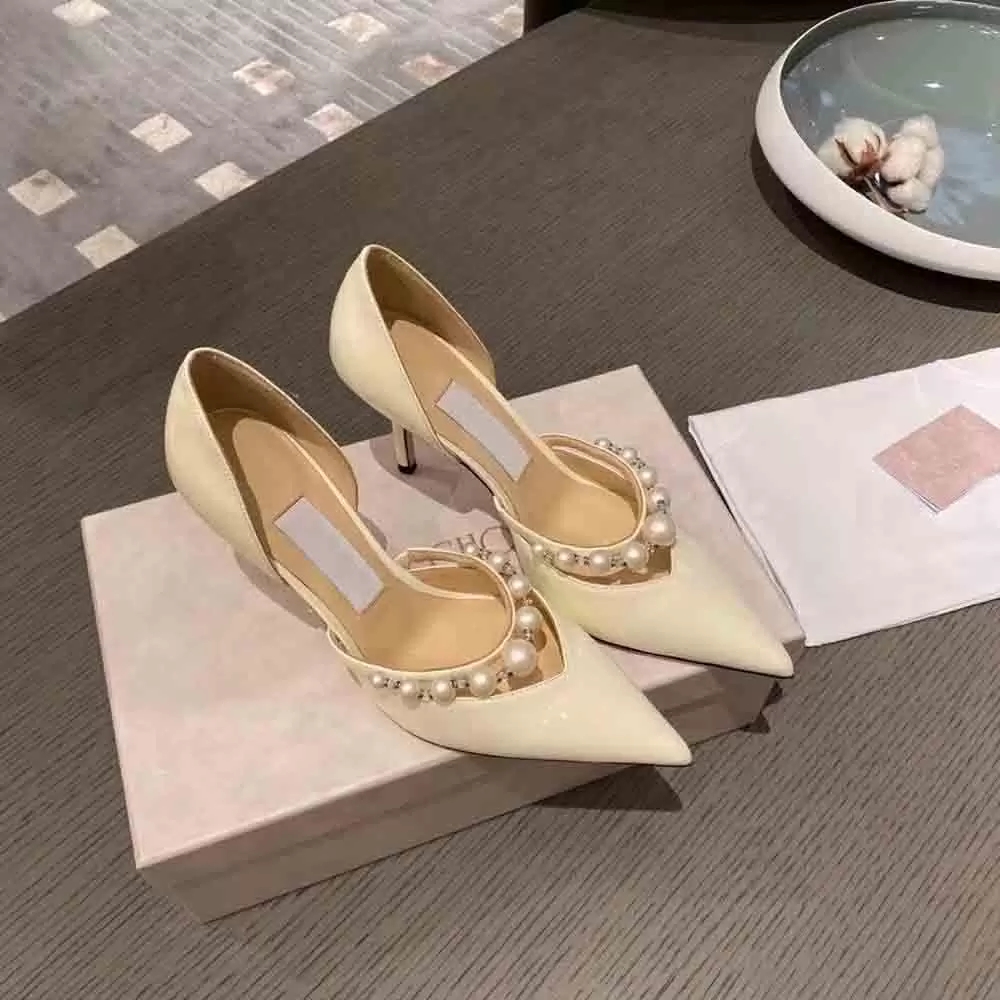 

2023 Women wedding bride pumps designer sandal pointe toe Aurelie pearl embellished patent leather black nude sexy heels with box