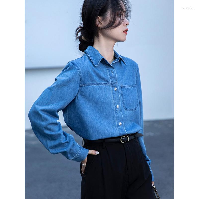 

Women's Blouses Vintage Women Denim Shirts Autumn Winter Long Sleeve Jeans Tops Fashion Female Clothes, Blue