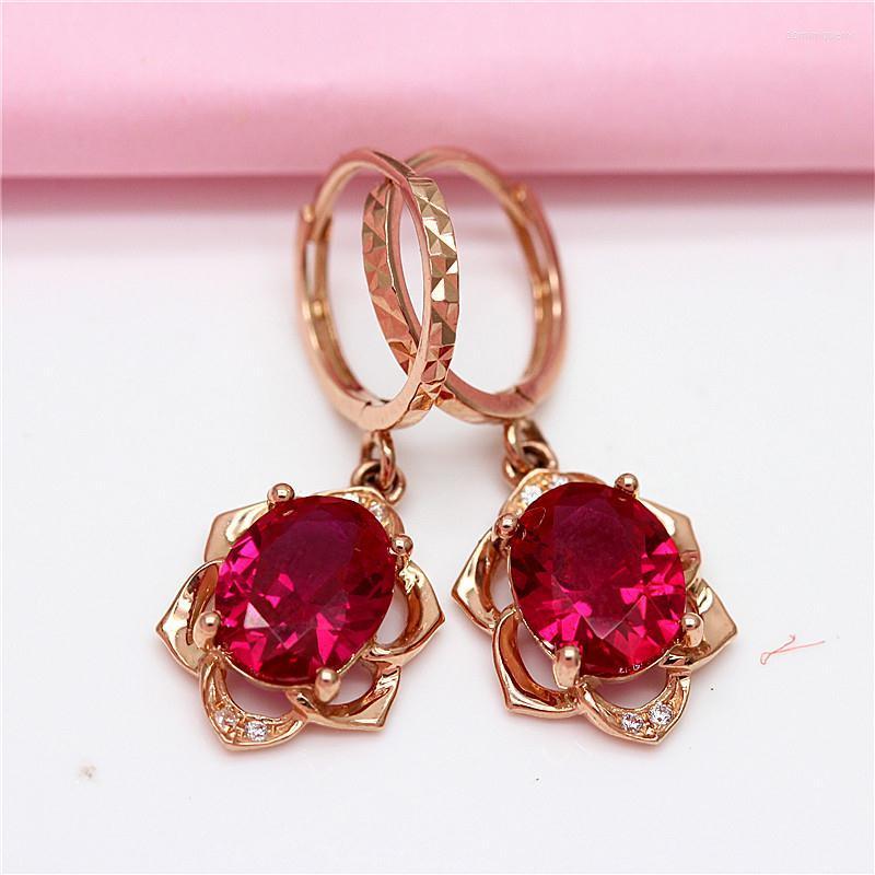 

Dangle Earrings 585 Purple Gold Plated 14K Rose Inlaid Ruby Flower For Women Luxury Dinner Party Wedding Fashion Jewelry