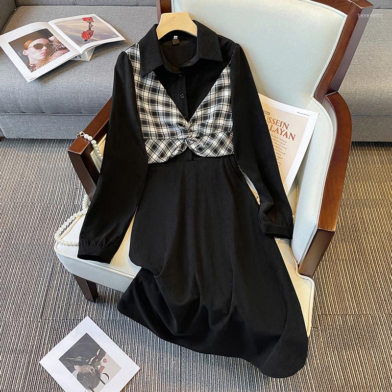 

Casual Dresses Of Fund 2023 Autumn Outfit Fat Girl False Two Splicing Flexure Waist Dress, Black