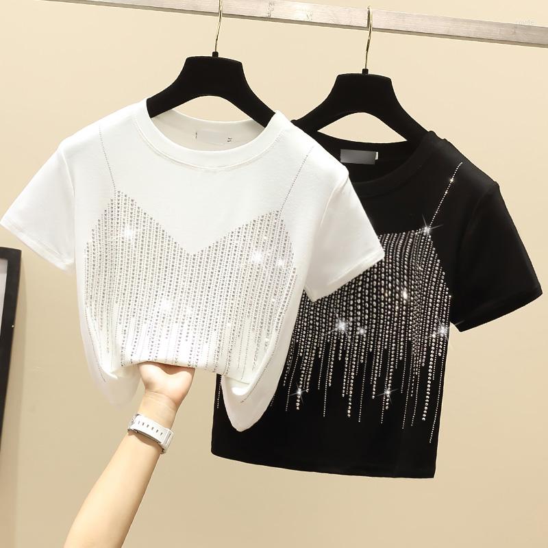 

Women' T Shirts 2023 Summer Heavy Industry Drilling Fashion T-Shirt Women' Slim Fit And Thin Fake Two-Piece Suspenders Full Of, Black