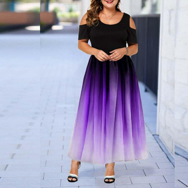

Plus Size Dresses Summer Ankle Length Ladies Hollow Short Sleeve Gradient Vintage Patchwork A Line Dress, Green