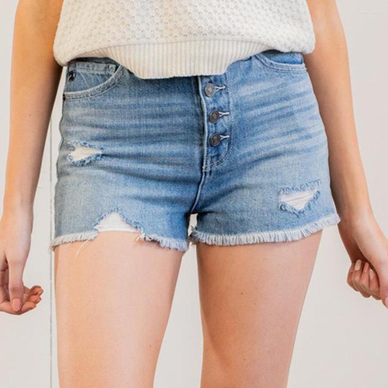 

Women's Jeans Hole Women High Waist Pants Stretch Slim Single Breasted Beachwear Shorts Fashionable Frayed Hem, Light blue
