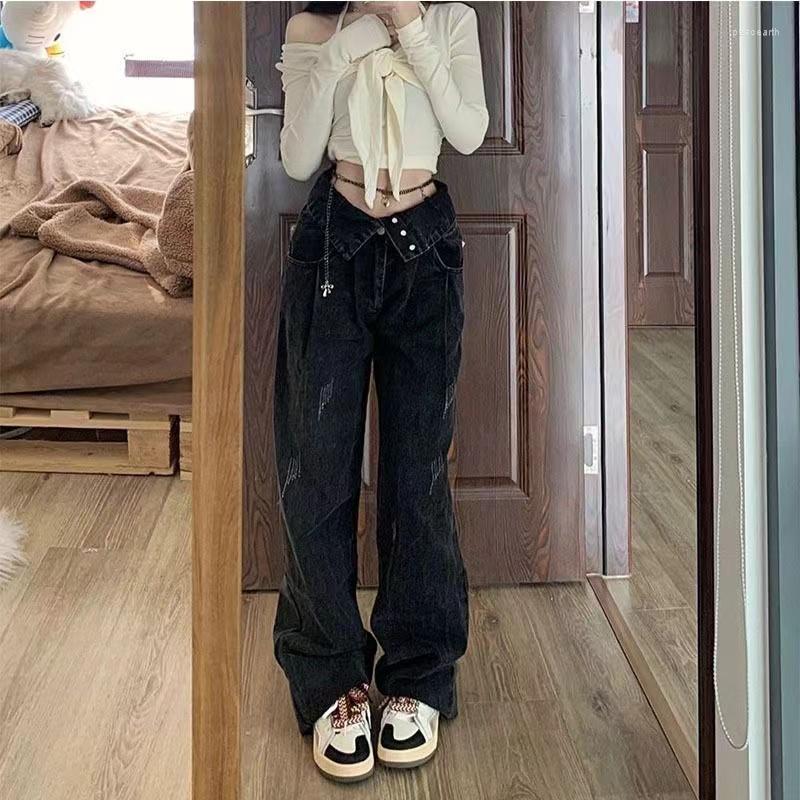 

Women' Jeans Korean Fashion Vintage High Waist Baggy Women' Streetwear Frayed Wide Leg Pants Solid Denim Trousers Girl Clothing, Black