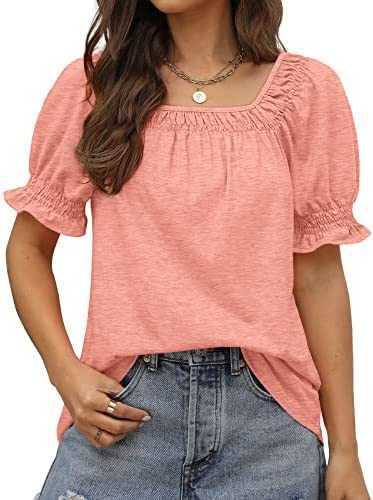 

Womens t-shirt summer tops loose fit casual short sleeve trendy square neck shirts woman t shirt no printLA4J, Green