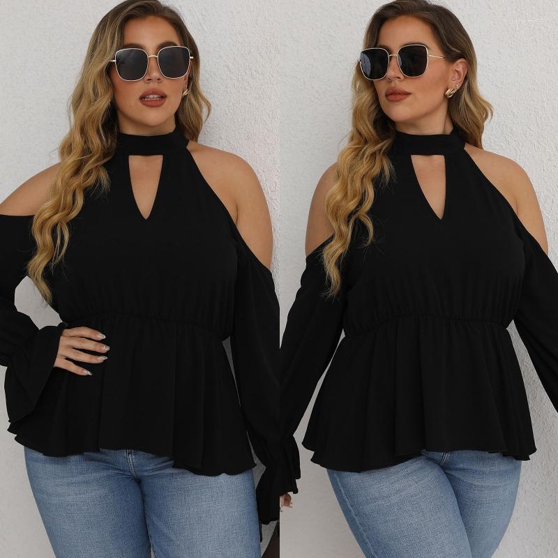 

Women's T Shirts Womens Plus Size Keyhole Bandage Choker Neck Blouse Sexy Cold Shoulder Flounce Puff Long Sleeve Ruffle Peplum Top, Black