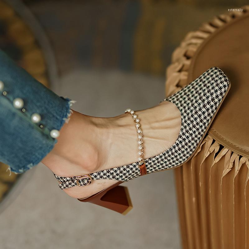 

Dress Shoes Women's Pearl High Heels 2023 Summer Square Toe Pumps For Women Vintage Plaid Buckle Lady Sandals Mid Heel Female, Brown