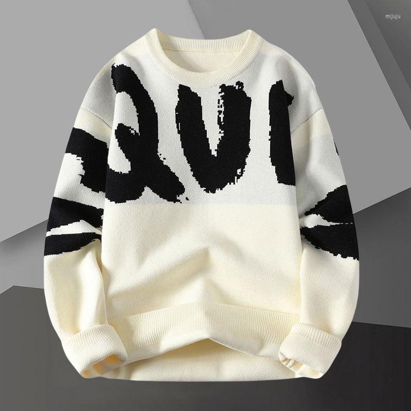 

Men's Sweaters Letter Contrast Printing Sweater Pullover Crew Neck Men Sweter Korean Designer Fashion Knit Noel Kazak, Black
